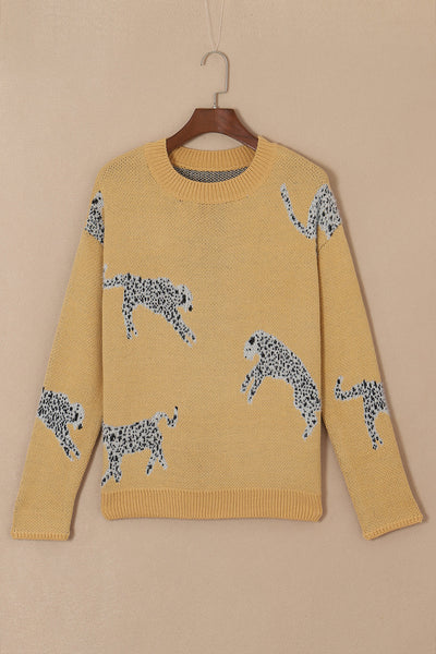 Cozy Camel Cheetah Print Round Neck Sweater
