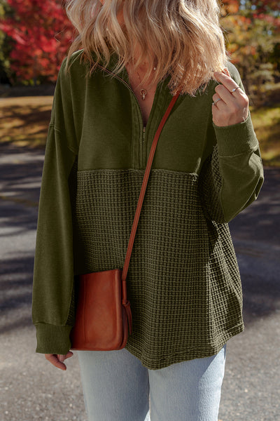 Women's Cozy Moss Green Waffle Knit Half-Zip Sweatshirt - Stylish Patchwork Design for Casual Comfort