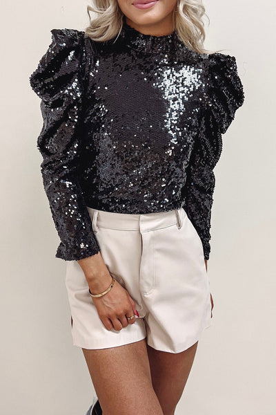 Elegant Black Sequin Bubble Sleeve Top for Women's Night Out - Chic Mock Neck Design, Perfect for Parties and Events