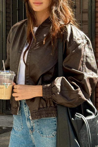 Chic Women's Dark Brown Faux Leather Bomber Jacket with Elastic Cuffs for a Trendy and Comfortable Fit