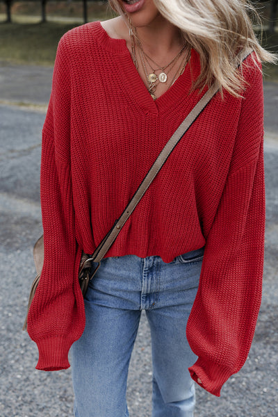 Stylish Red V-Neck Sweater for Women - Cozy Everyday Wear and Perfect for Seasonal Layering