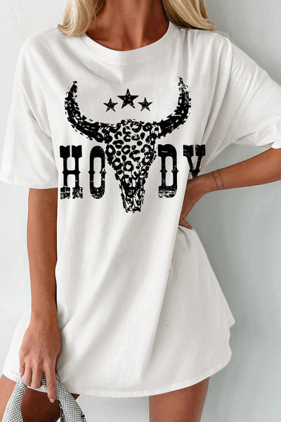 HOWDY Cheetah Steer Head Printed White Oversized Tee