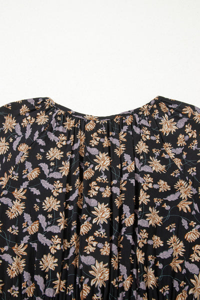 Women's Black Floral V-Neck Smocked Midi Dress with Long Sleeves