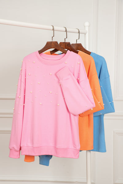 Women‚Äôs Blossom Pullover Sweatshirt with Pearled Sleeves, Drop Shoulder, and Round Neck Casual Chic in Soft Pink