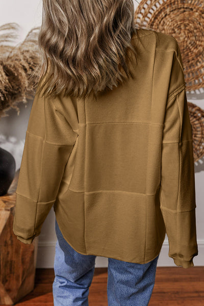 Women's Cozy French Beige Patchwork Sweatshirt - Casual Drop Shoulder Design for Everyday Comfort and Style