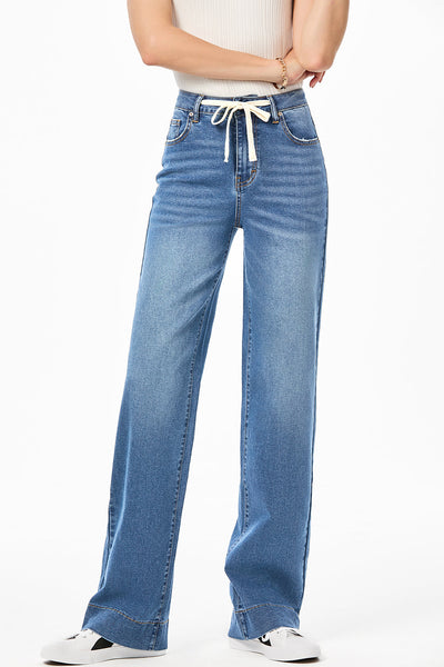 Light Blue Lace-Up Straight Leg Jeans for Women - Casual Chic Denim with Zip Fly for Effortless Everyday Style