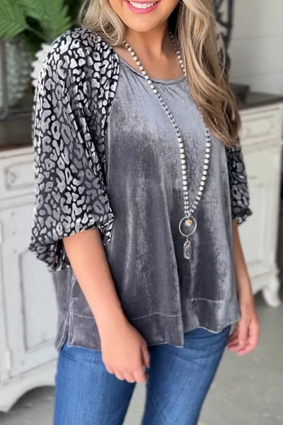 stylish women's medium grey leopard print velvet blouse with trendy lantern sleeves for a comfortable, chic look made for easy styling and wardrobe