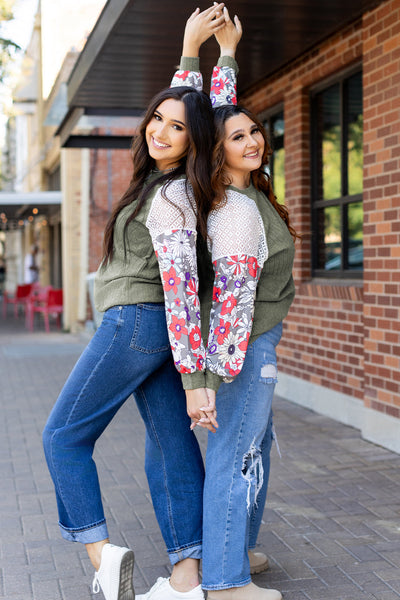 Stylish Women's Laurel Green Floral Patchwork Long Sleeve Blouse - Ribbed, Comfortable Fit for Effortless Everyday Chic