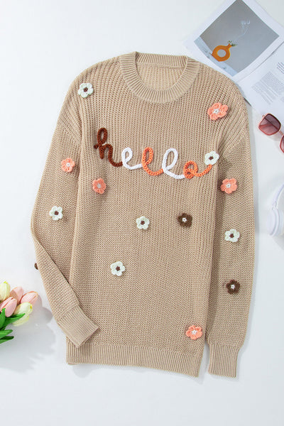 Cozy Women's Floral Embroidered Knit Sweater in Parchment - Loose Fit for Casual Outings and Everyday Comfort