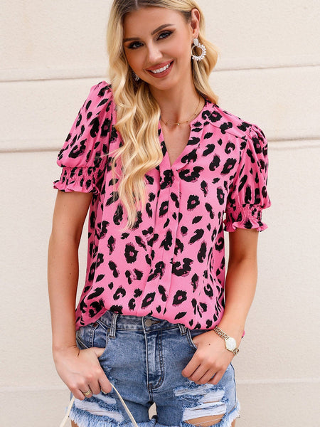 Pink Leopard Notch Neck Bubble Sleeve Top