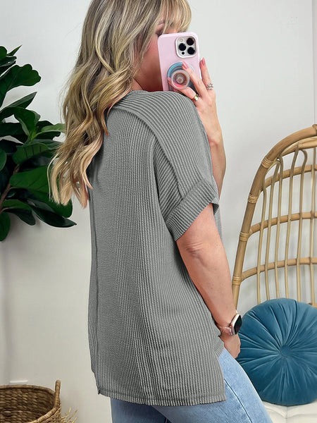 Sequin Embellished Grey Baseball Pattern Ribbed Knit Tee
