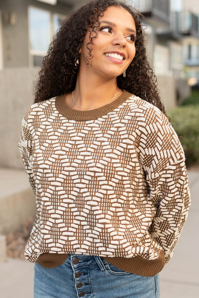 Cozy Women's Khaki Knit Sweater with Patterned Design, Round Neck, Perfect for Casual Everyday Wear
