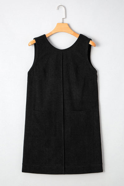Plus Size Women's Black Sleeveless Corduroy Mini Dress with Patch Pockets - Effortless Casual Chic for Everyday Style