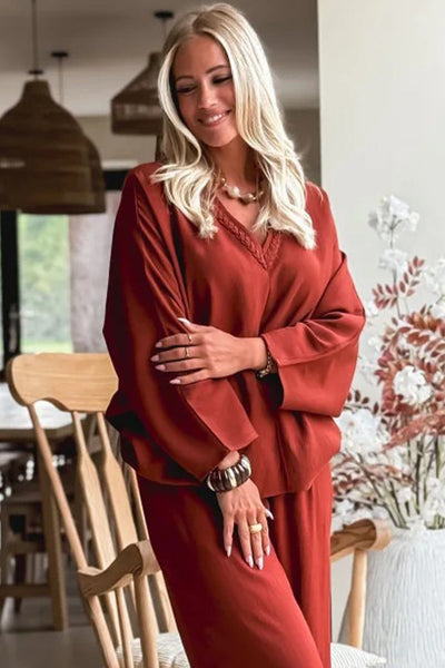 Chic Women's Red Clay Oversized V-Neck Top & Drawstring Pants Set - Trendy Loose Fit 2-Piece Outfit for Effortless Style