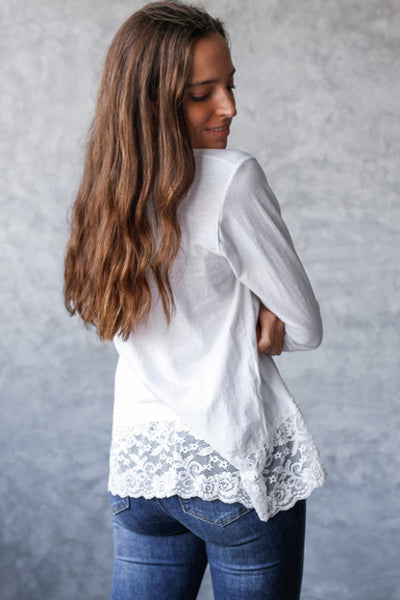 Women's Cotton Blend Lace-Trim Long Sleeve V-Neck Top