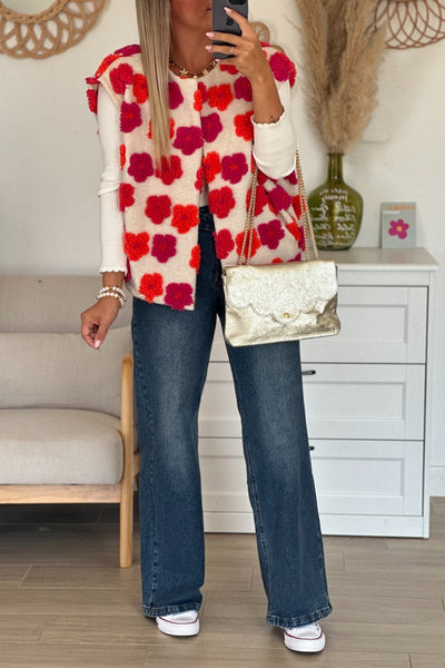 Chic Women's Racing Red Plush Open Front Vest with Floral Embellishments - Perfect Layering Piece for Effortless Style