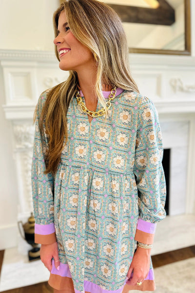 Chic Women's Long Sleeve Green Floral Mini Dress with Striped Trim and Geometric Design for Casual Elegance