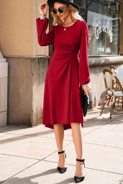 Women's Fiery Red Ruched Midi Dress with Bishop Sleeves