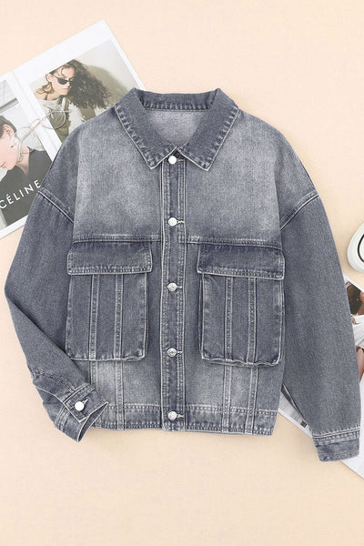 Casual Women's Gray Denim Jacket with Chest Pockets, Drop Shoulder Design, Relaxed Fit for Effortless Everyday Style