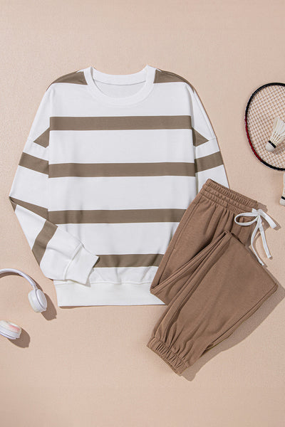 Women's Cozy Casual Chic Loungewear Set - Light French Beige Drop Shoulder Pullover & Jogger Pants for Ultimate Comfort