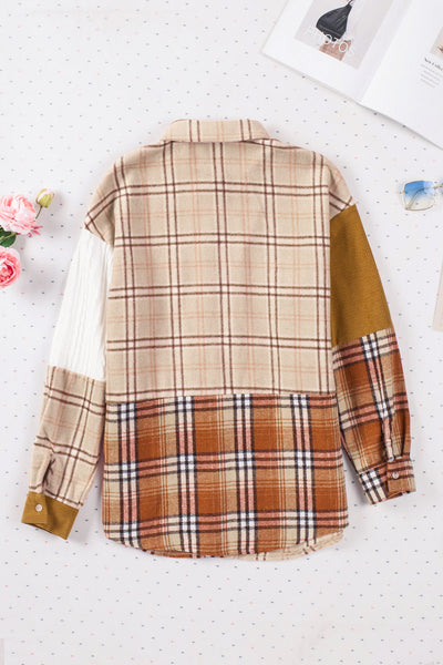 Women's Casual Orange Plaid Color Block Shirt Jacket with Pocket - Versatile Layering Piece for All Seasons