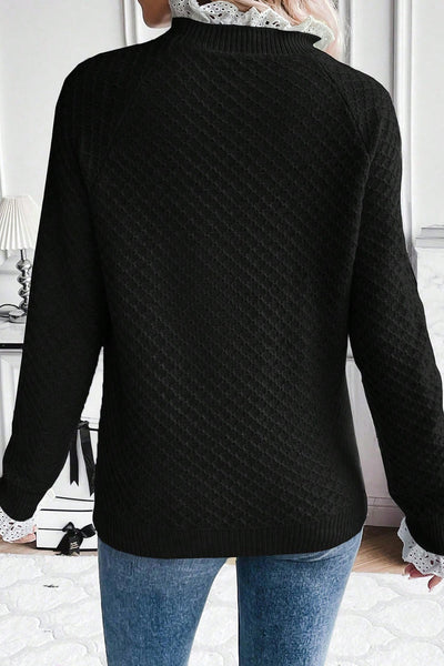 Women's Black Contrast Lace Frilled Trim Raglan Sleeve Sweater - Stylish, Comfortable Knit for Casual Elegance