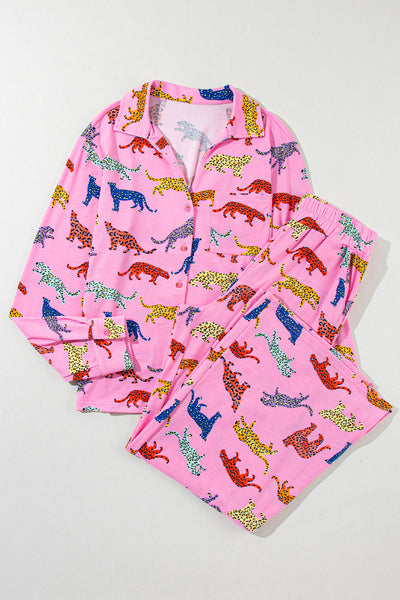 Women's Pink Cheetah Print Pajama Set - Trendy Sleepwear Top & Pants for Cozy Lounging and Relaxation