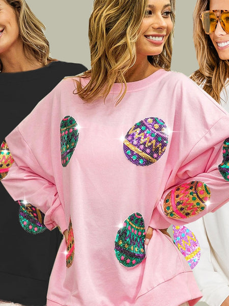 Sparkling Pink Easter Egg Drop Shoulder Oversized Sequin Sweatshirt