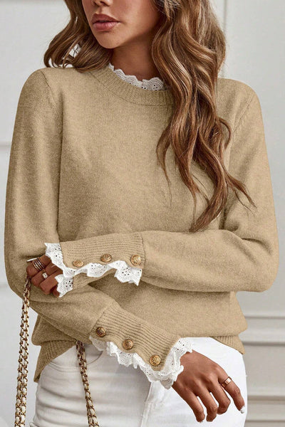 Light Beige Women's Lace Trim Patchwork Sweater with Buttoned Cuffs - Cozy Relaxed Fit for Effortless Style
