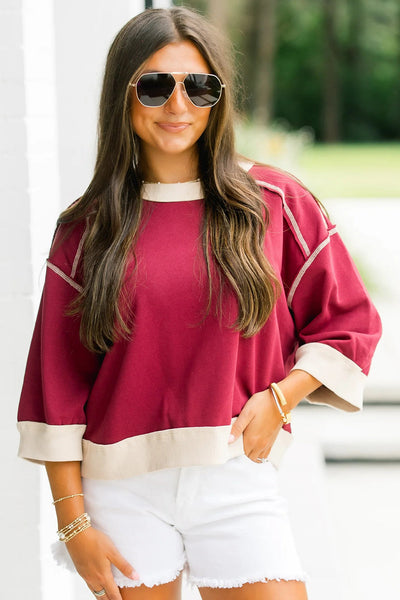 Trendy Women's Red Color Block 3/4 Sleeve Oversized Sweatshirt with Exposed Seams and Unique Patchwork Design