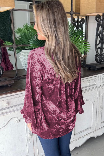 Elegant Red Dahlia Velvet Crew Neck Top with Pagoda Sleeves for Women - Chic, Stylish Fit for Any Occasion