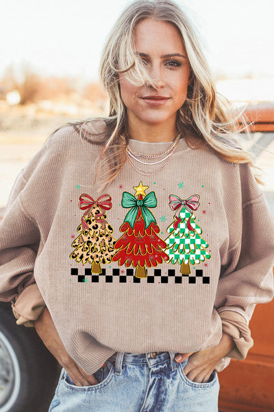 Women's Corded Ribbed Apricot Christmas Tree Graphic Sweatshirt