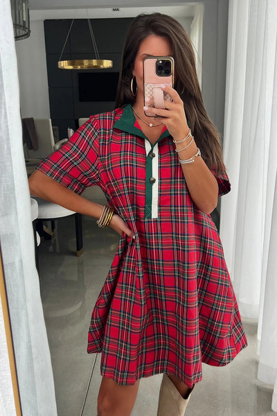 women's red christmas plaid shift dress with contrast button placket made for easy styling and wardrobe coordination, with premium-like structure and