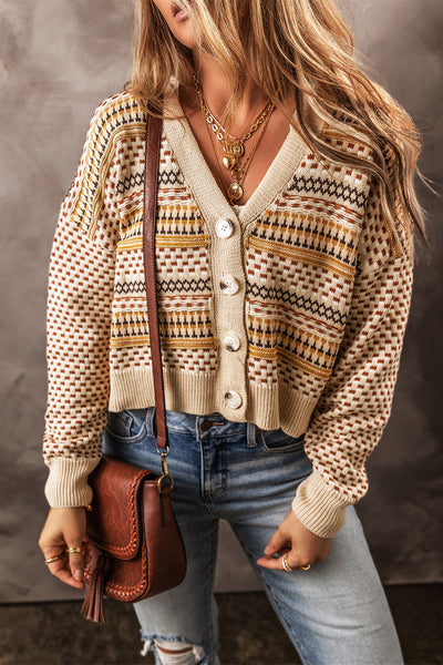 Stylish Women's Khaki V-Neck Cropped Cardigan with Buttons for Effortless Comfort and Trendy Outfits