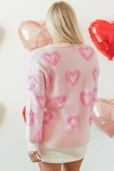 Trendy Women's Pink Heart Print Baggy Sweater with Bubble Sleeves - Cozy and Comfortable for Casual Outings