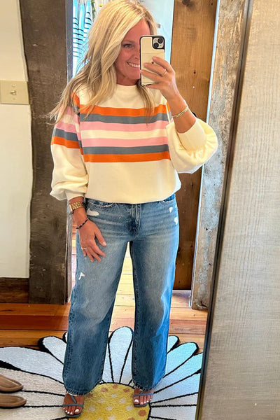 Women's Beige Striped Puff Sleeve Sweatshirt for Women - Trendy Casual Pullover Top for Stylish Everyday Comfort