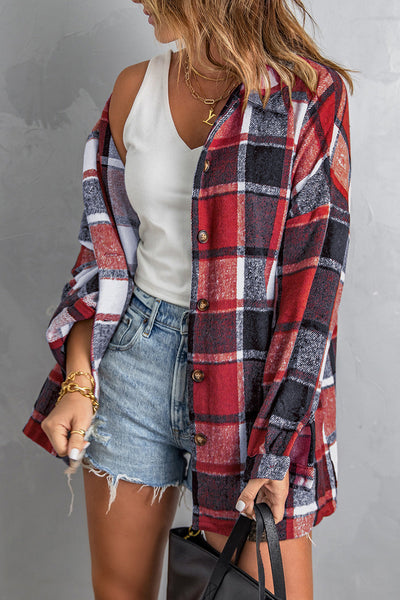 Women's Crimson Red Plaid Shacket: 100% Polyester Oversized Layer