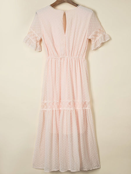 Women's V-Neck Ruffle Sleeve Swiss Dot Midi Dress