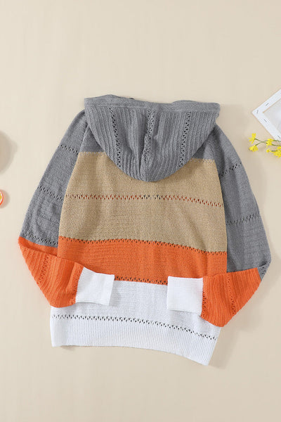 Stylish Women's Gray Colorblock Knit Hoodie with Zipped Front and Hollow-out Design for Comfortable Casual Outfits