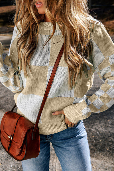 Cozy Women's Flaxen Checkered Drop Shoulder Knit Sweater - Stylish, Soft Fit for Casual Chic Looks