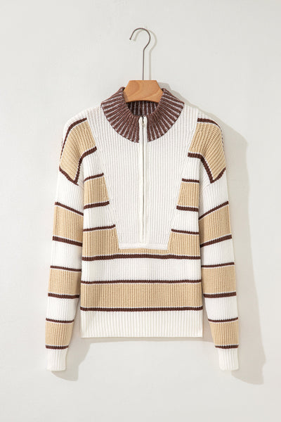 Women's Khaki Stripe Half-Zip Sweater with Drop Shoulder