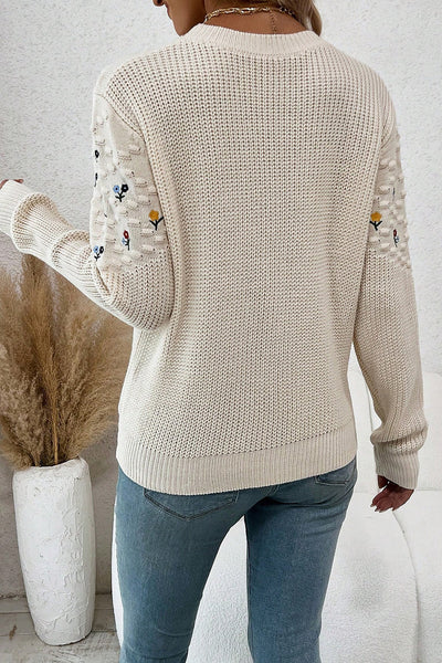 women's floral embroidered casual sweater - stylish knit top with mixed texture for comfort and everyday elegance with practical styling and