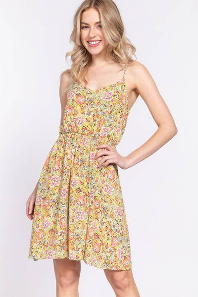 Round Neck Waist Shirring Floral Dress
