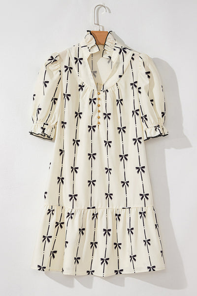 Women's Vintage Bow Print Tiered Mini Dress with Puff Sleeves