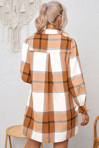 Women's Khaki Plaid Flounce Sleeve Shirt Dress in Cotton Blend