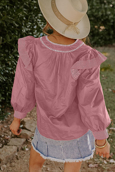 Women's Pink V-Neck Ruffle Blouse with Contrast Stitching and Long Sleeves - Stylish and Feminine Top for Any Occasion