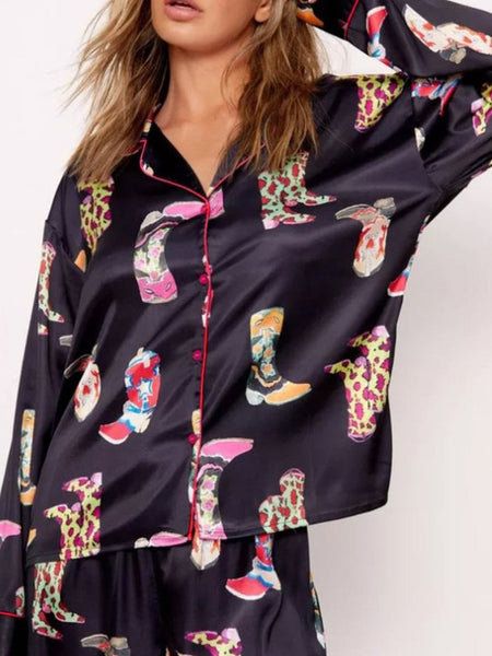 Women's Cowgirl Chic Satin Pajama Set with Western Print