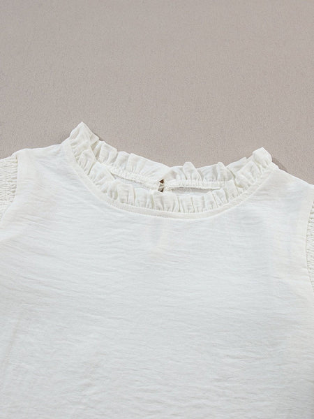 Elegant White Bubble Sleeve Ruffle Blouse