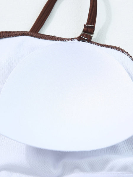 Ribbed Coffee Boho Drawstring Monokini Swimsuit