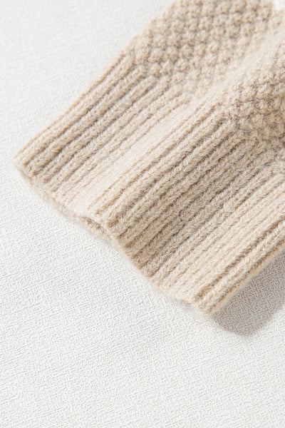 Women's Cozy Khaki Cable Knit Colorblock Sweater - Chic Drop Shoulder Crew Neck for Effortless Style and Comfort